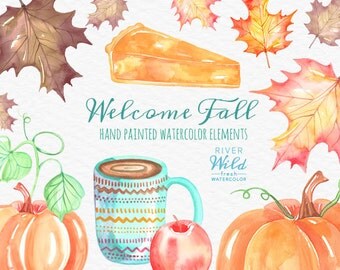 Fall Watercolor Clipart, Hand Painted High Quality Trendy Fall Clipart Pack, Commercial Use Digital Download Watercolor Graphics Pumpkin PNG