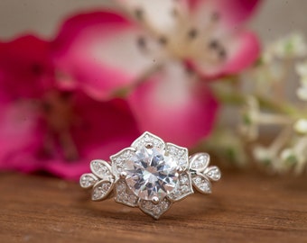 Art Deco Engagment Ring, Wedding Ring, Promise Ring, Flower Ring, Vintage Inspired Engagement Ring, Diamond Simulants, Sterling Silver