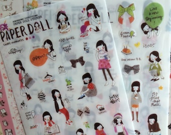6 sheets Korea Transparent deco stickers - paper doll
