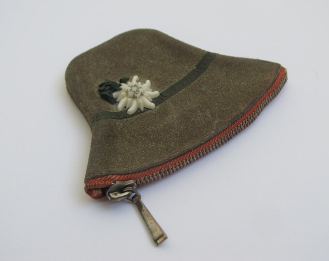 Novelty coin purse, Austrian Edelweiss hat wallet, vintage leather wallet shaped like a ladies hat with an edelweiss flower