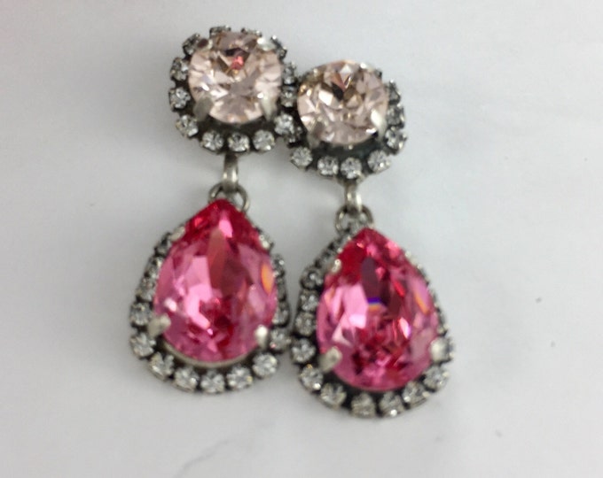 Pink Swarovski crystal pear drop dangle post earrings surrounded by pave stones. Perfect for brides! Valentine's gift for her