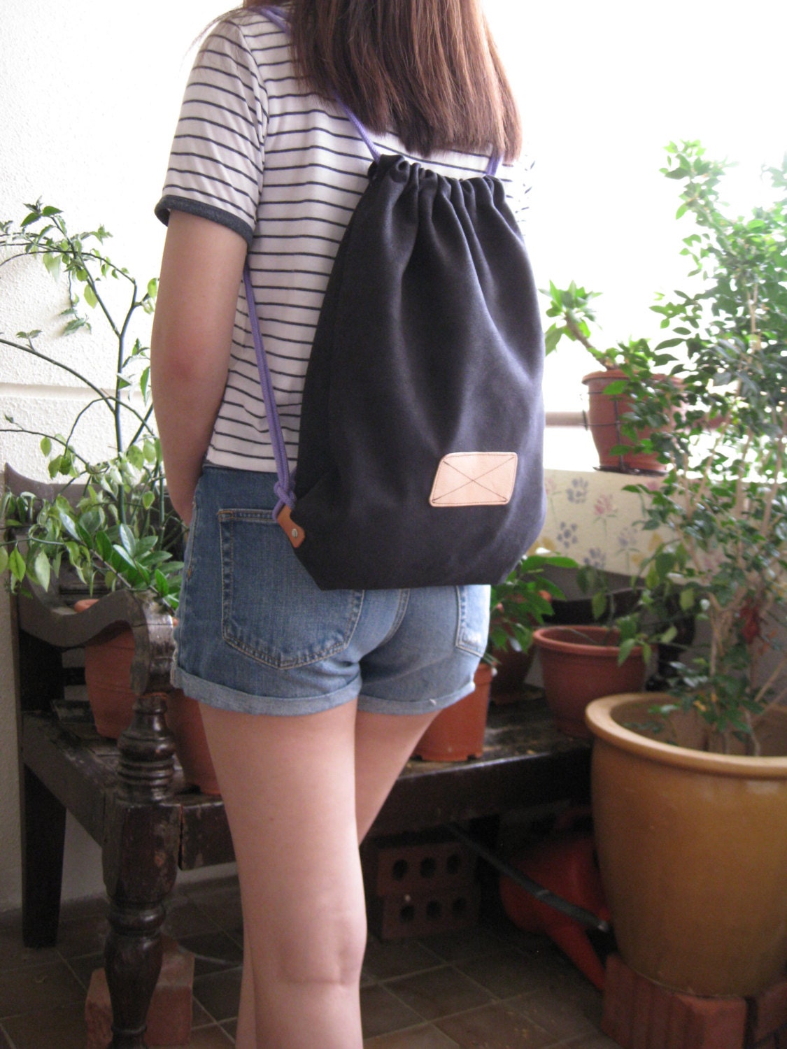 Brown drawstring backpack zipper pocketgym by