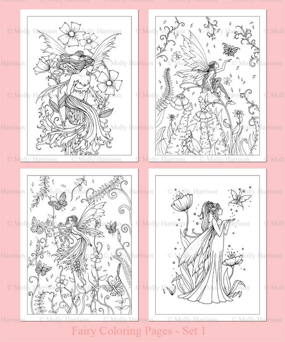 PRINTABLE - Flower Fairies Coloring Pages Set 1 - 4 Flower Fairy Illustrations - Adult Coloring Pages - Molly Harrison Fairy, Faery