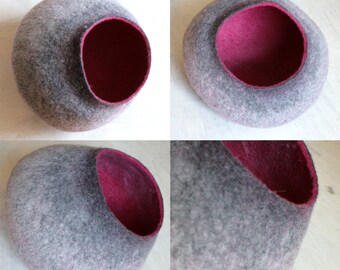 Cat Cave / Bed / House / Vessel - Hand Felted Wool - Grey Pink Bubble - Crisp Contemporary Design -- READY TO SHIP