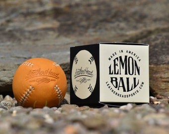 LEMON BALL Vintage style lemon peel baseball, tan with white stitch, tan leather, Sports, Play, Games, Handmade (LB-Gtan-Wh)