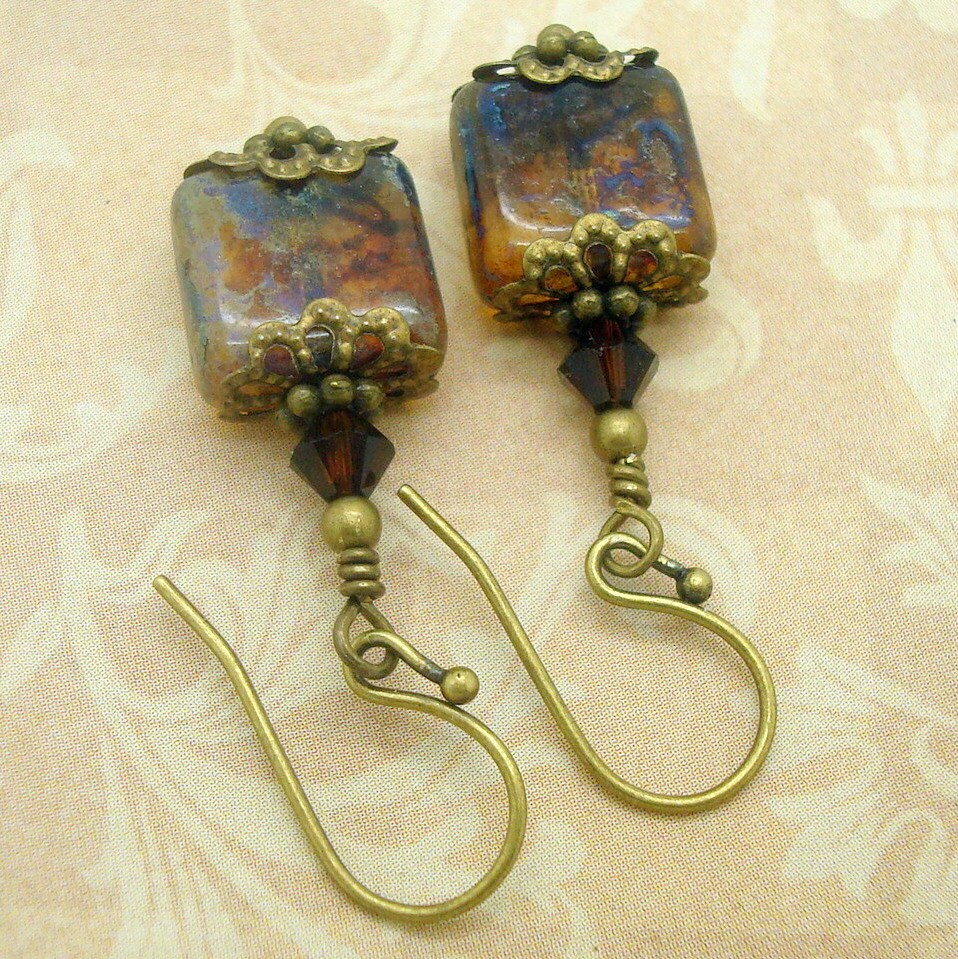 Victorian Earrings in Marbled Brown Weathered Tiles