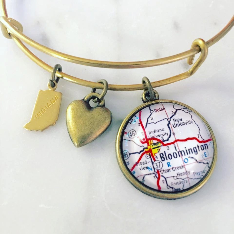 Bloomington Indiana Map Charm Bangle Bracelet Personalized