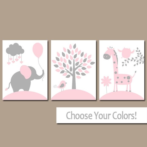 PINK GRAY Nursery Wall Art CANVAS or Prints Girl Jungle