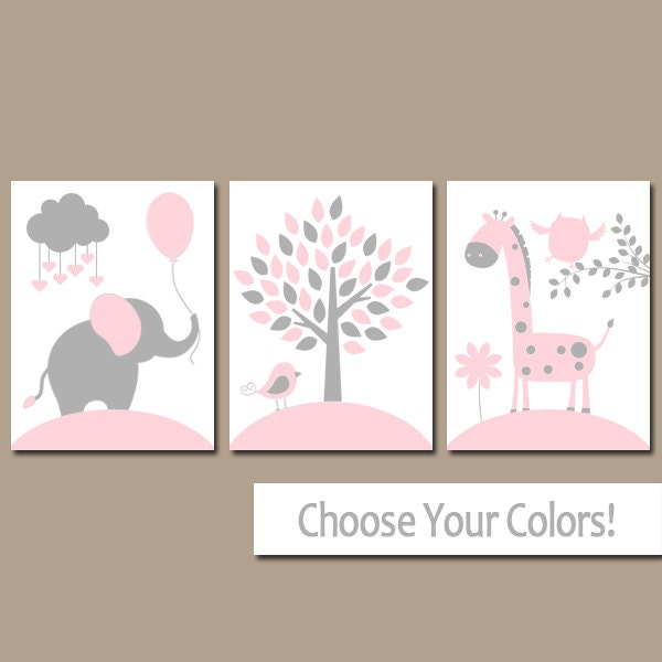 PINK GRAY Nursery Wall Art CANVAS or Prints Girl Jungle
