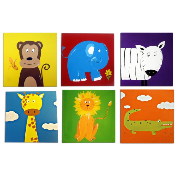 6 Jungle Animal Canvases / Children's Art / Painting