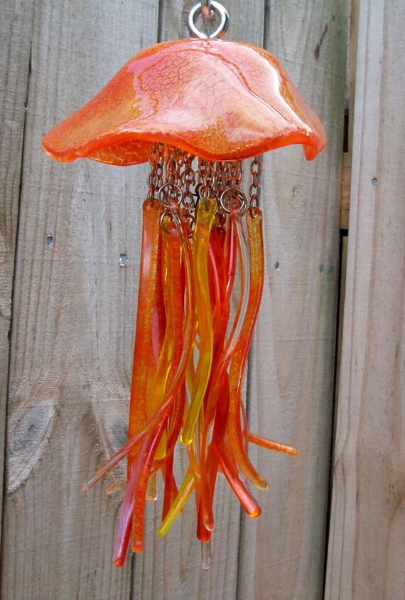 Jellyfish Fused Glass Windchime Firey Orange Crackles