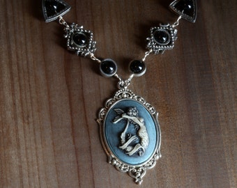 Neo Victorian Style Jewelry - Necklace - Blue Mermaid Cameo - Silver Tone