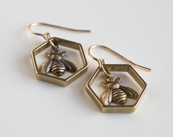 Bee Earrings - Hexagon Earrings - Bee Jewelry - Hexagon Earrings - Geometric Earrings - Sacred Geometry