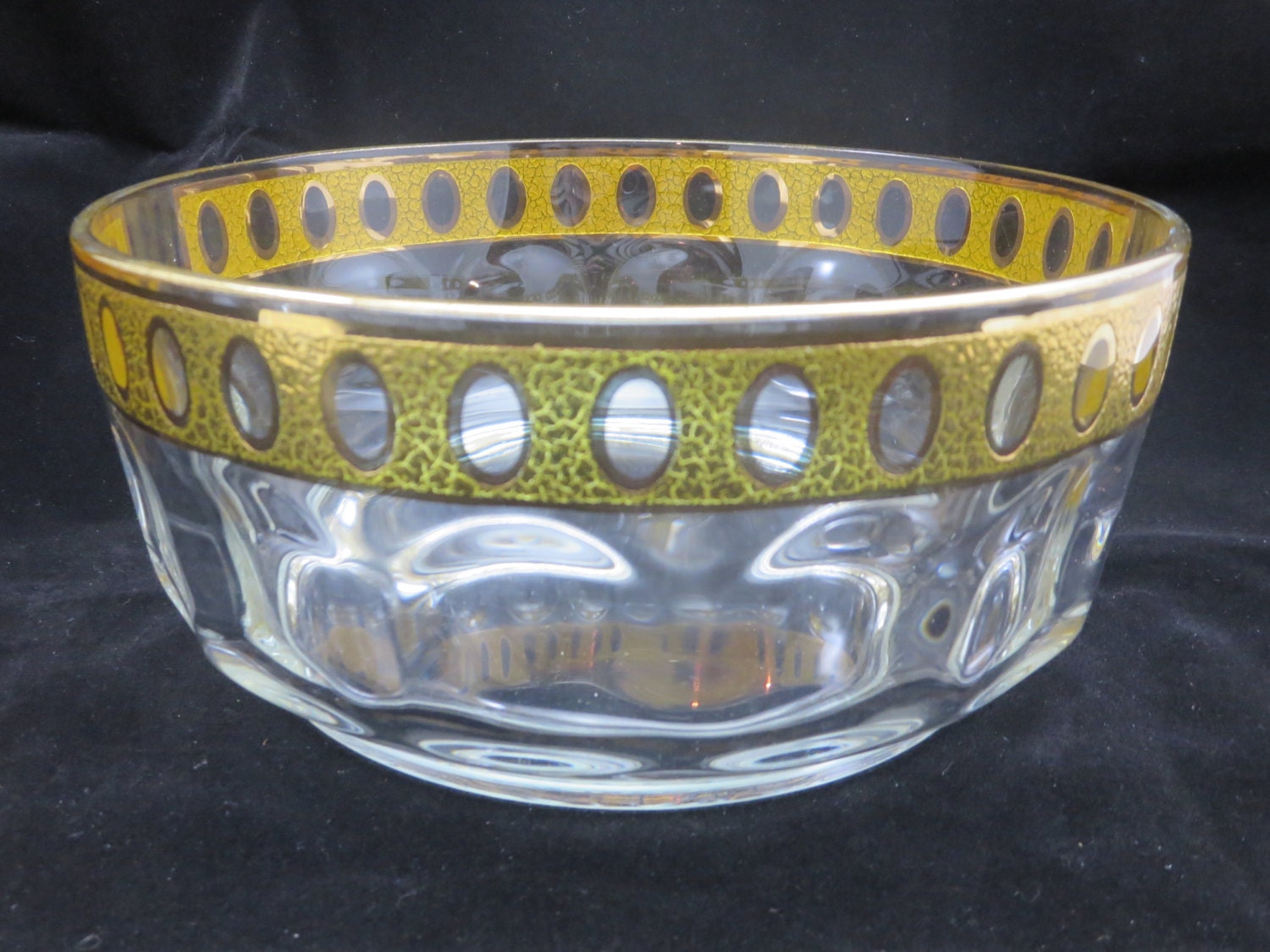 Mid Century Glass Serving Bowl Large Gold Trim Arcoroc