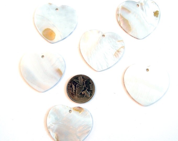 Six Large Black Herringbone Decaled Abalone Shell Heart Charms
