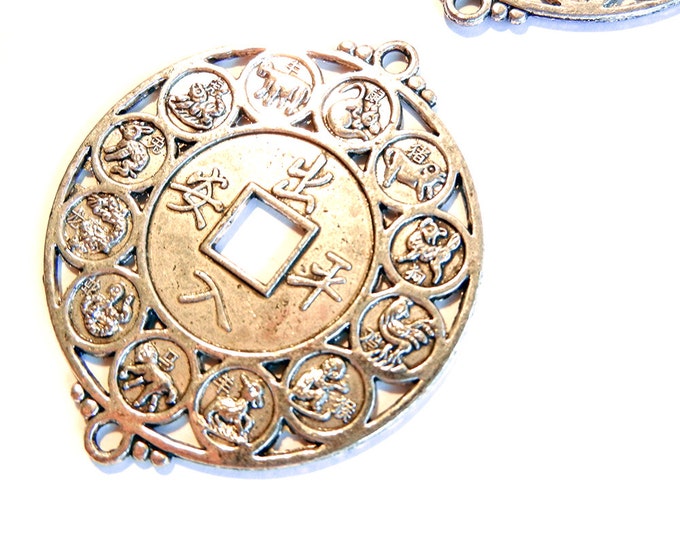 2 Antique Silver-tone Coin Pendant Charm with Chinese Horoscope Circling Center Double Link