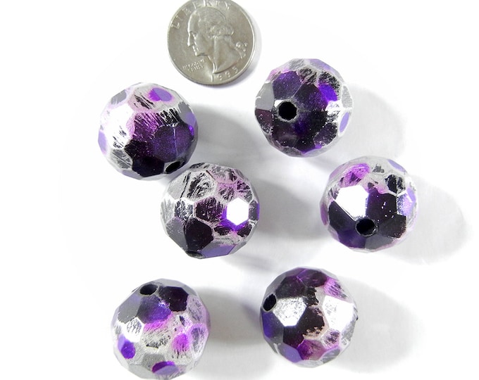 Set of 6 Large Faceted Metal Beads with Purple Black and Silver Color