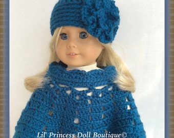 Doll Clothes, Made To Fit American Girl, Crochet Poncho Set, OCEAN BLUE, 18 Inch Doll Clothes