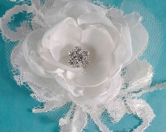 Bridal Hair rose, Ivory Lace, Organza Rose Hair Clip L261 - bridal wedding hair accessory