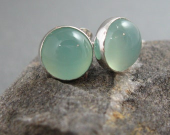 8mm Light Blue Chalcedony Post Earrings, Chalcedony Studs, Artisan Earrings, Handmade Earrings, Natural Chalcedony Studs