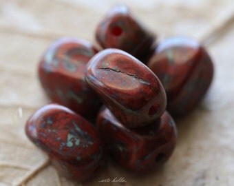 TWISTED REDS .. 6 Picasso Glass Czech Twist Beads 12x10mm (5134-6)