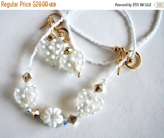 On Sale White Heart Bead Necklace and Matching Earrings, Handmade Jewelry Set, Handmade Beads