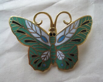 Butterfly Green White Brooch Gold Enamel Vintage Pin Cloisonné Pendant