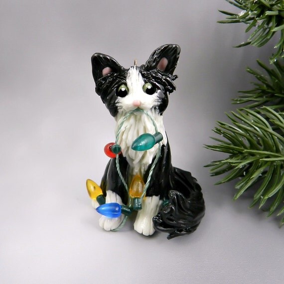 Cat Black White Angora Maine Coon Christmas Ornament Figurine