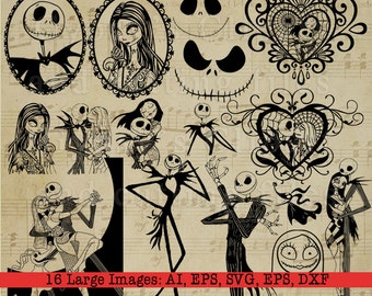 Nightmare Before Christmas svg, Jack Skelleton, Sally Rag Doll Silhouettes, cutting files, Graphics, SVG, eps, ai, dxf, and transparent pngs