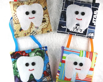 Boy tooth fairy pillows with tooth pocket, felt tooth applique, tooth fairy pouch, tooth fairy bag, boys tooth fairy, boys party favor gifts