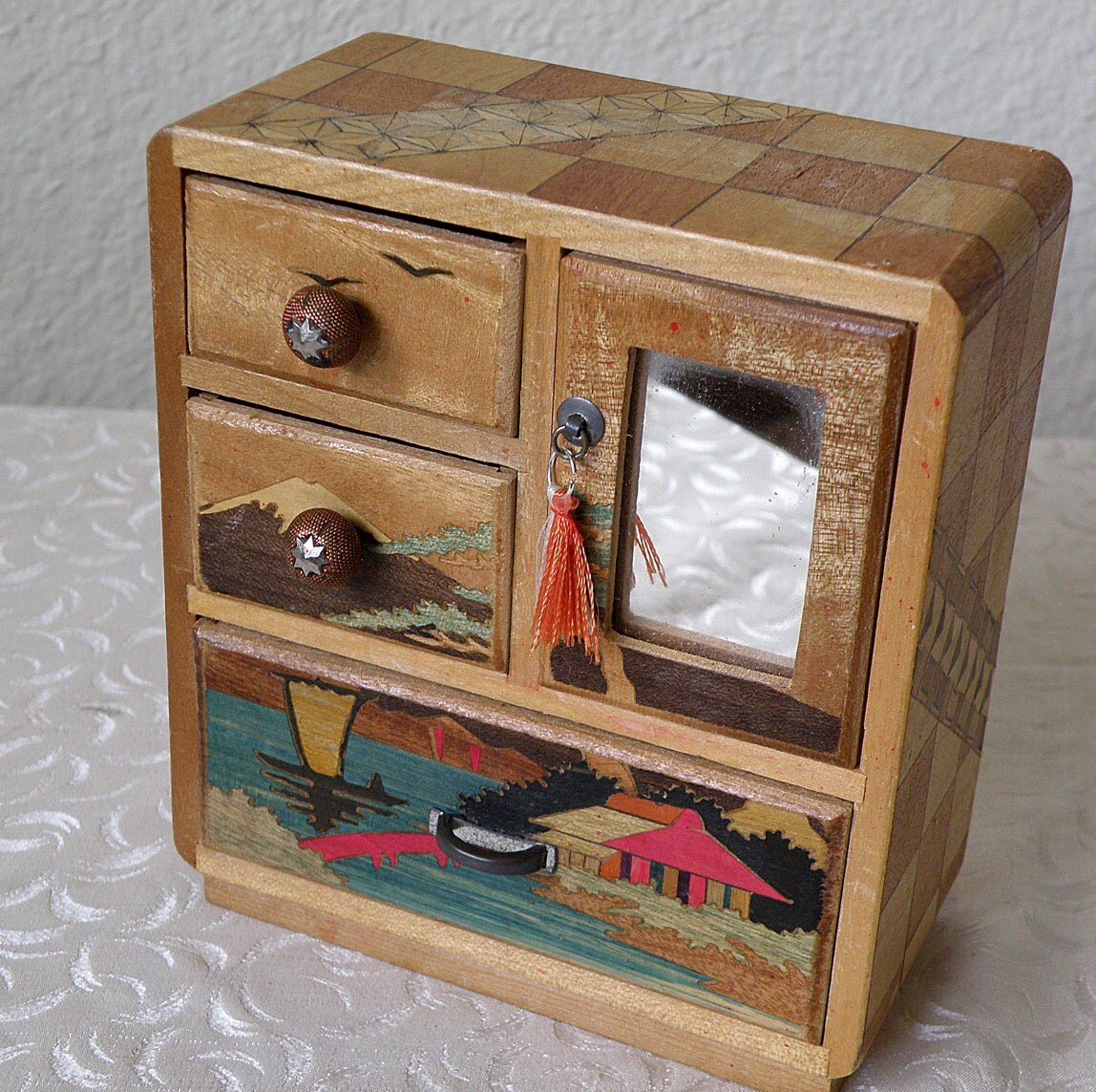 Wooden Marquetry Japanese Jewelry Box .. Mini Tansu