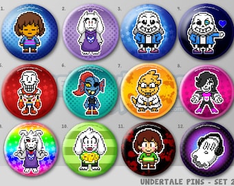 Undertale Pixel Art Pins or Magnets 1.5" Set # 2 - Sans | Papyrus | Toriel | Frisk | Undyne | Alphys | Chara | Asriel | Napstablook & more!