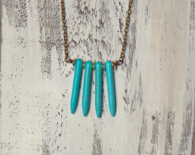 Turquoise Spike Shield Necklace Gold Long Layering Stone Daggers Boho Layer Necklace Statement Bib Bohemian Necklace