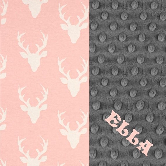 Personalized Baby Blanket For Girl, Stoller Blanket // Gray Pink Deer Cotton Minky Baby Blanket // Monogrammed Blanket // Baby Shower Gift
