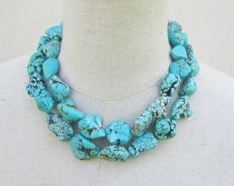 Chunky Turquoise Necklace, Chunk Nugget Necklace Double Strand Statement "Megan" Fox