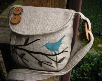 Eco-Friendly Purse, Canvas Tote, Bird Messenger,Bird Tote, Bird School Bag, Handmade, Bird Vegan Purse, 10" by 7"9