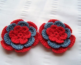 Flower crochet motif 2.5 inch cotton red blue