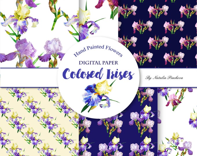 Digital Paper with Colored Irises. Watercolor, flowers, Botanical, hand painted, digital paper, scrapbooking, seamless pattern,