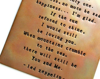 Copper Wall Plaque - 6X4 inch - Can Be Customized - Led Zeppelin - Hand Stamped and Fired - Wall Art - Thank You Lyrics - Personalize this!