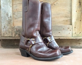 Vintage brown leather harness boots Men's size 7.5 D Womens Size 8, motorcycle boots, engineer boots, bohemian boots, leather boots mens