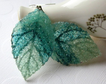 Stained Glass Leaf Earrings Aquamarine Earrings Blue Green Earrings Large Leaves Organic Leaf Jewelry Recycled Glass Jewelry for Cosplay