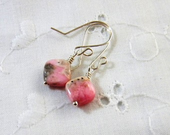 Rhodonite Gemstone Earrings, Gift under 20, Pink Dangle Earrings Pink Drop Earrings Pastel Colors Spring Fashion Jewelry