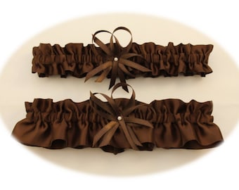 Brown Satin Wedding Garter Set (Your Choice, Single or Set)