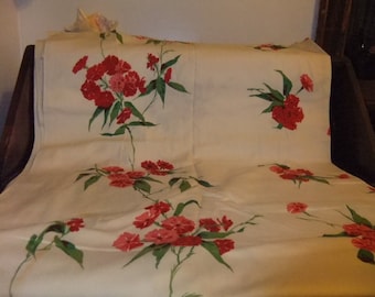 Vintage Fabric With Red /Pink Flowers