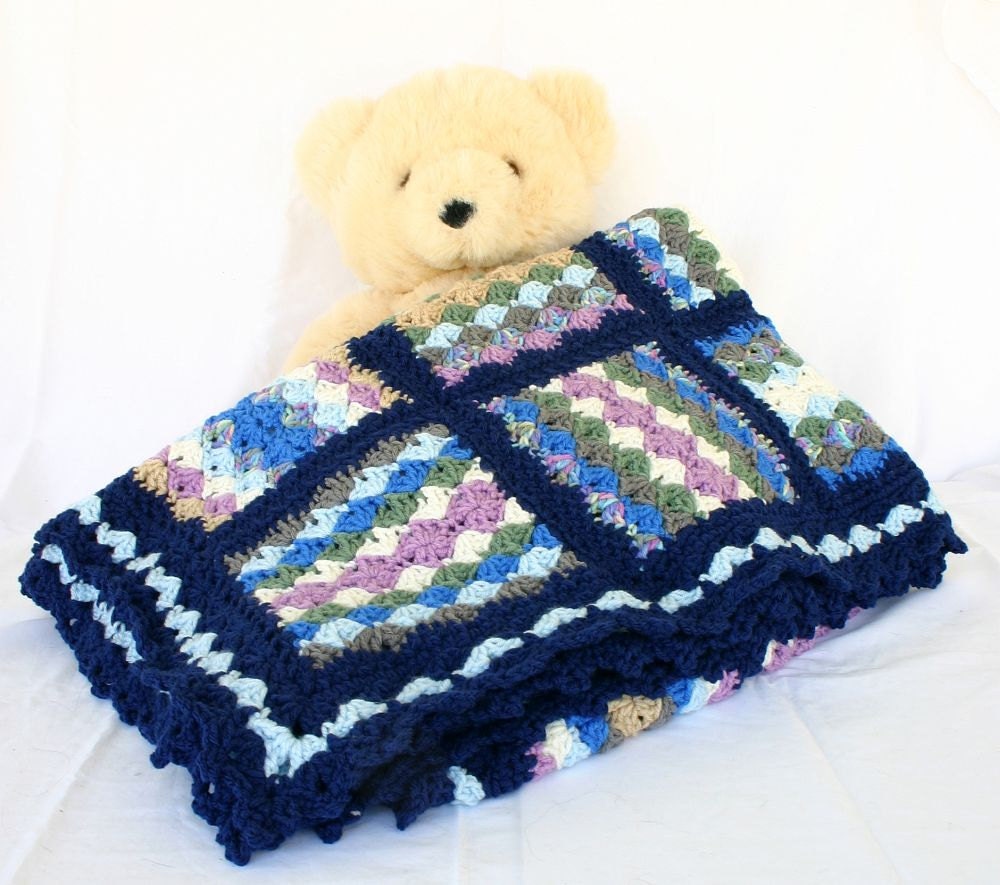 Crochet afghan granny square scrap yarn throw lap blanket navy