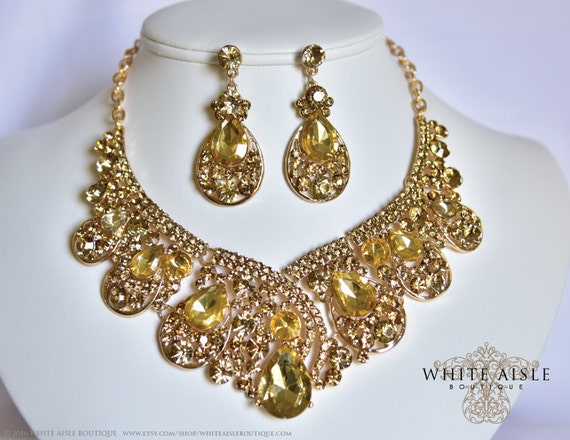Topaz Bridal Jewelry Set Crystal Statement Necklace Earrings