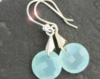 Sea Frost - Faceted Aqua Blue Chalcedony Sterling Silver Earrings