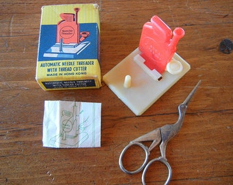 Vintage needle threader with original box Made in Hong Kong and Heron embroidery scissors made in Germany