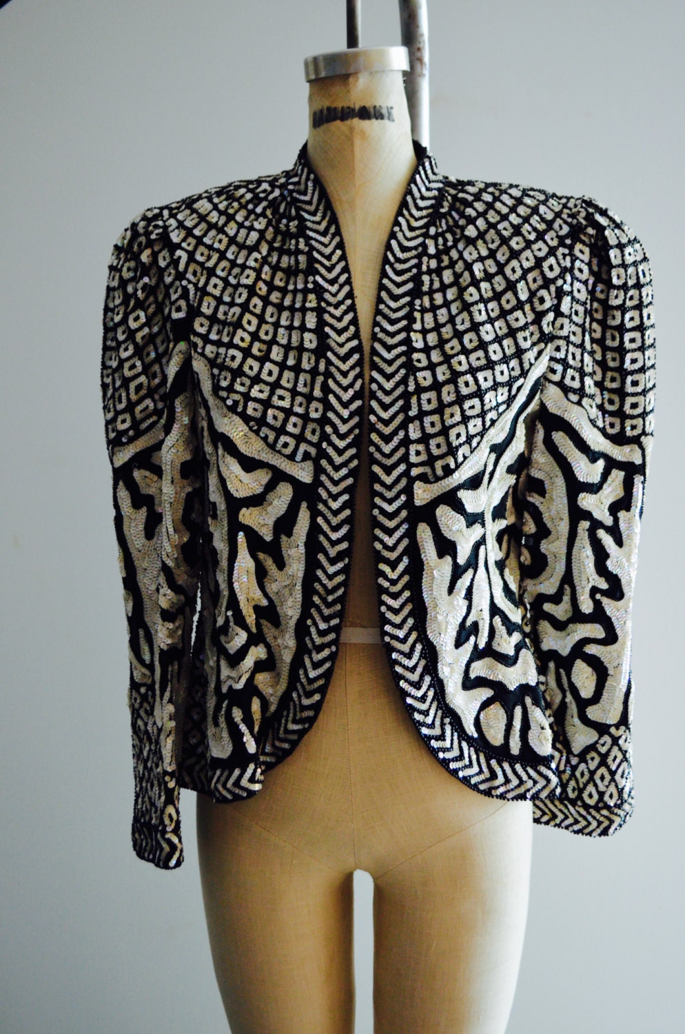 Vintage Sequin Jacket Black and White Beaded Night Evening