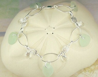 GENUINE Sea Glass Bracelet Sterling Silver With Aqua Sea Glass And Crystals